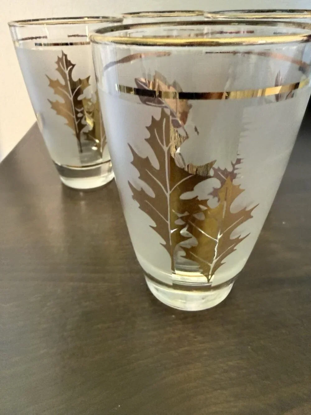 5 Vintage Libby Glass Company Tumblers Golden Foliage Pattern Frost Finish 22K